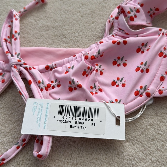 Pastel pink cherry print bikini top with flutter shoulder straps and underwire. - Picture 2 of 4